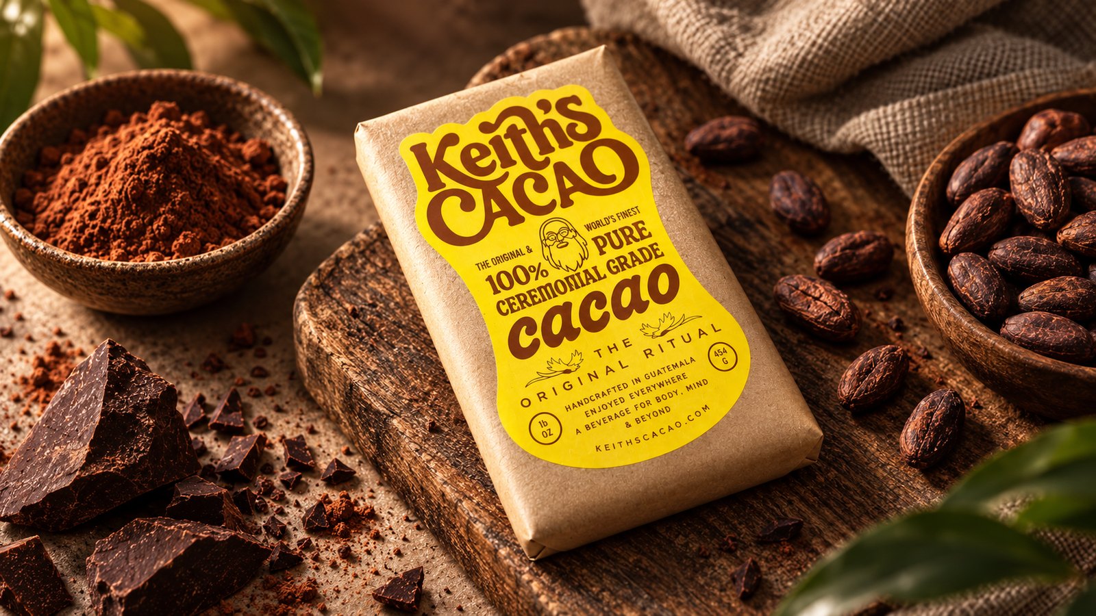 Bloque de Keith's Cacao de 454 g, cacao ceremonial hecho en Guatemala, sobre una tabla de madera con granos y trozos de cacao